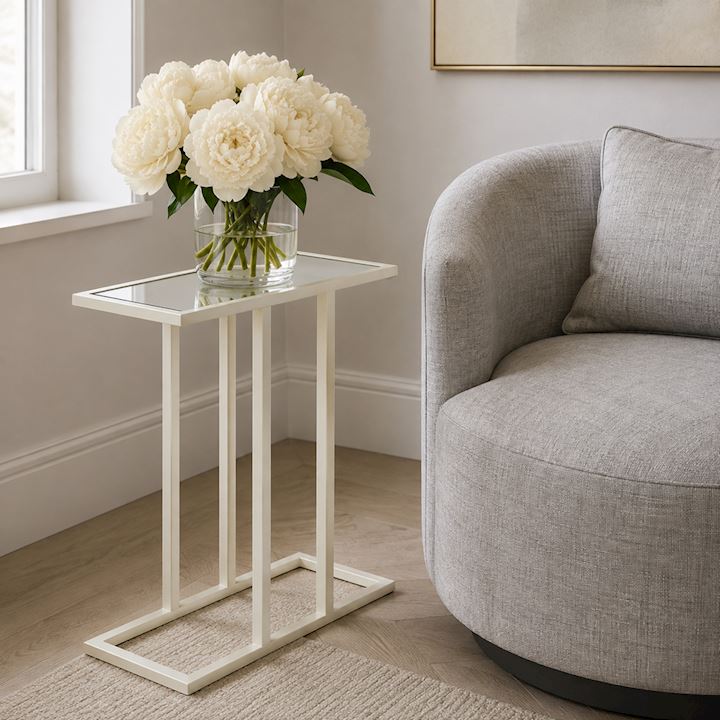 CREAM SOFA TABLE WITH MIRRORED GLASS 51x21x56cm